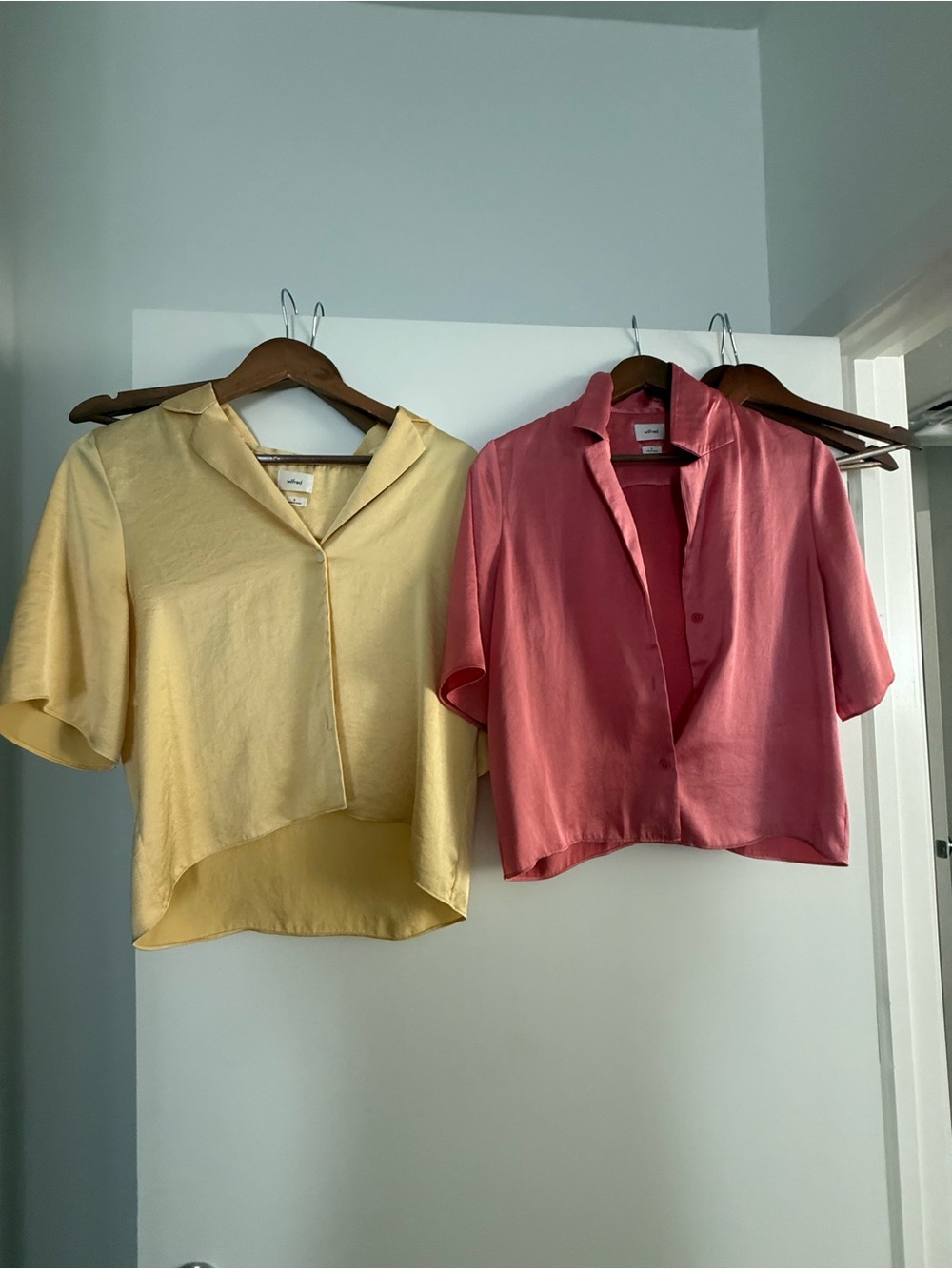 2 Aritzia Wilfred Button-Front satin Short Sleeve Tops - Yellow and pink bogo